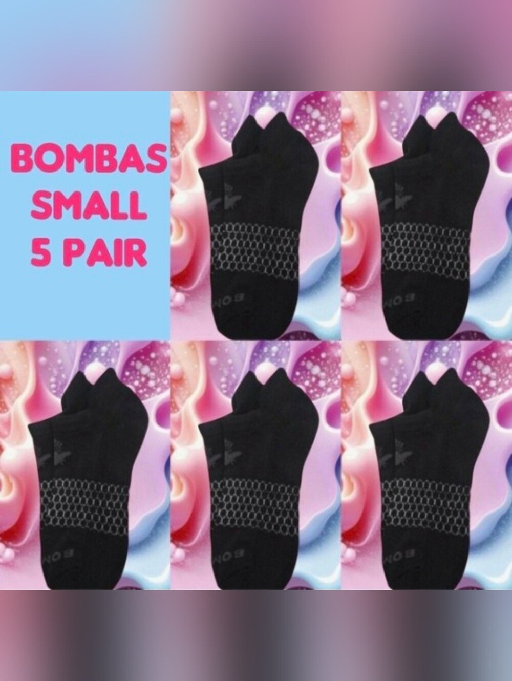 Bombas Ankle Socks Small 5 Pair Womens Honeycomb Black/Grey BNWT